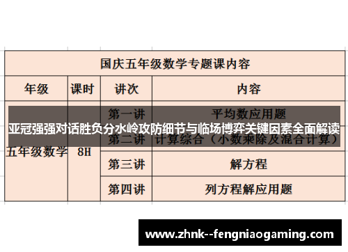 亚冠强强对话胜负分水岭攻防细节与临场博弈关键因素全面解读