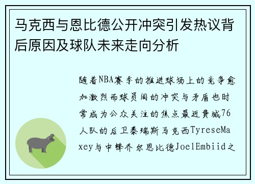 马克西与恩比德公开冲突引发热议背后原因及球队未来走向分析