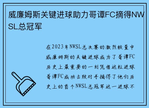 威廉姆斯关键进球助力哥谭FC摘得NWSL总冠军