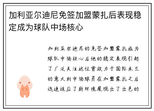 加利亚尔迪尼免签加盟蒙扎后表现稳定成为球队中场核心